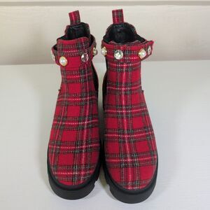 Sugar FAVORITE red plaid ankle boots rhinestone
